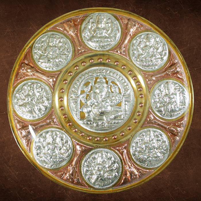 Ashta Lakshmi With Ganesha Tri-Metal Thanjavur Art Plate (12 Inches)