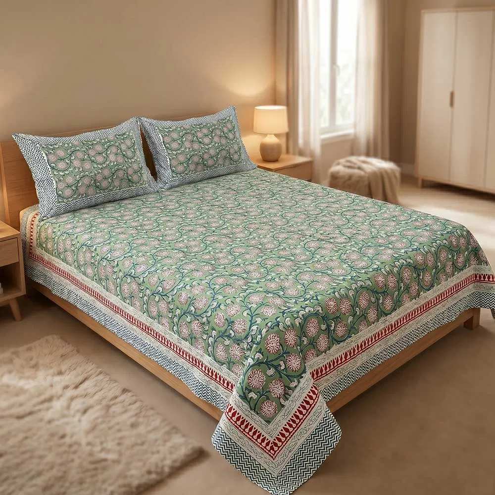 Bagru Hand Block Printed Premium Bedsheet Set (8.8×8.8)ft