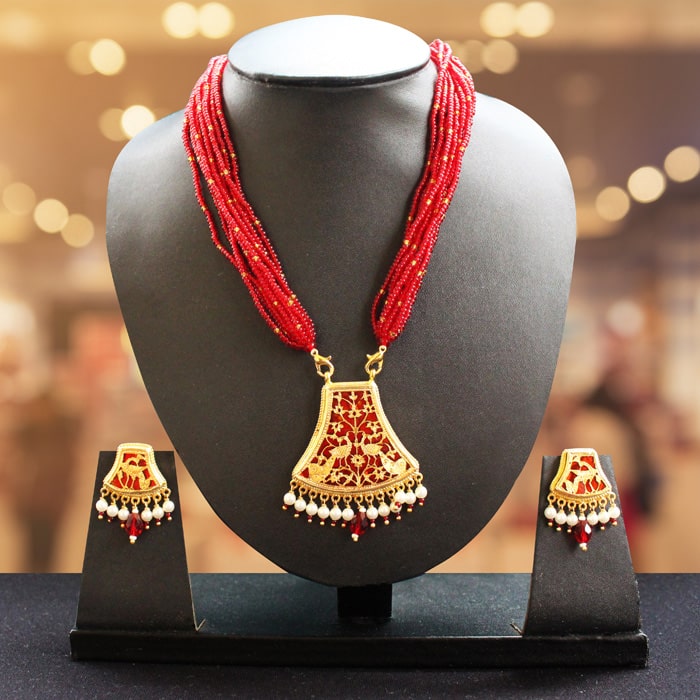 Red Flower-Peacock Pattern 23kt Gold Jewellery Set