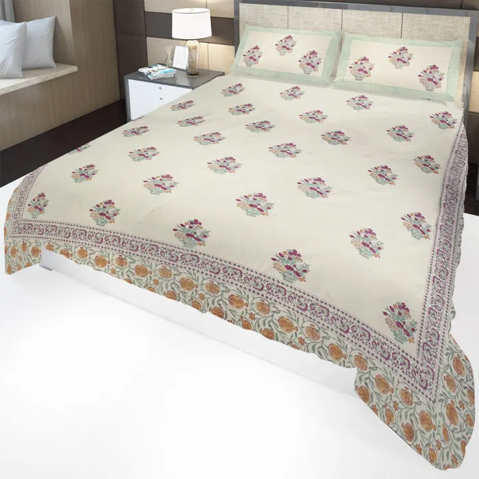 Sanganeri Hand Block Printed Bedsheet With Pillow Covers (8.8x7.5)ft