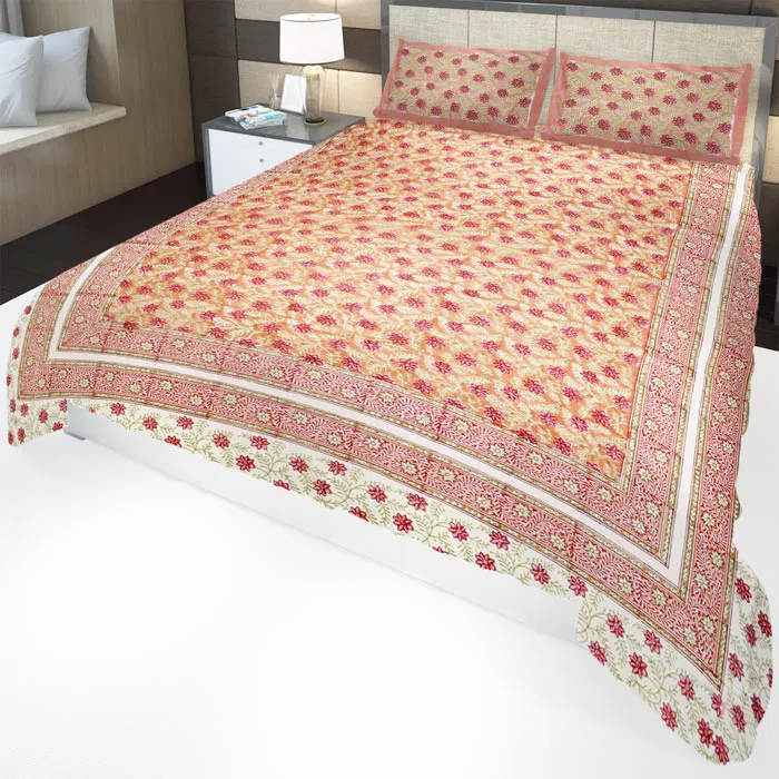Sanganeri Hand Block Printed Bedsheet With Pillow Covers (8.8×7.5)Ft