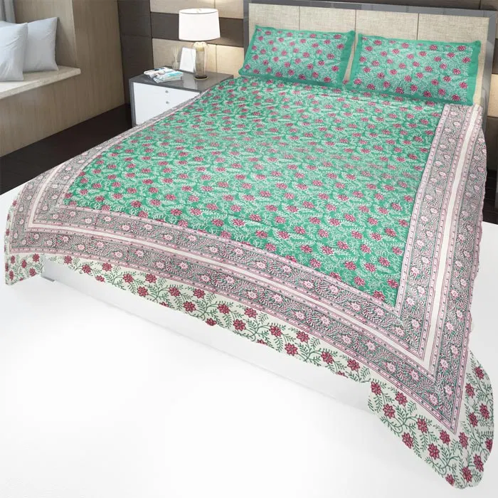 Sanganeri Hand Block Printed Bedsheet With Pillow Covers (8.9x7.6)Ft