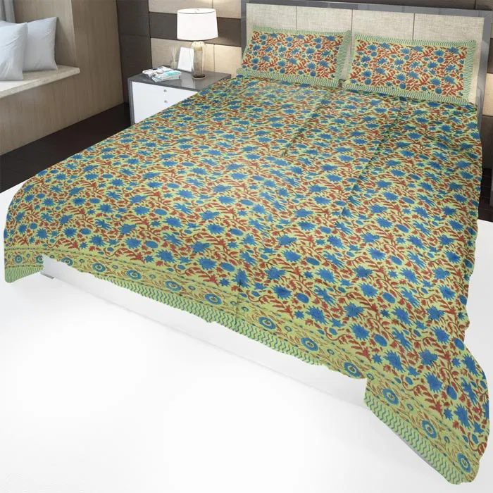 Sanganeri Hand Block Printed Bedsheet With Pillow Covers (8.8x8.8)ft