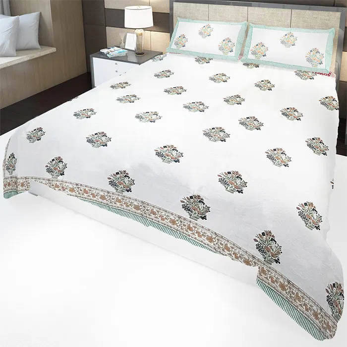 Sanganeri Hand Block Printed Bedsheet With Pillow Covers (8.8x8.8)Ft