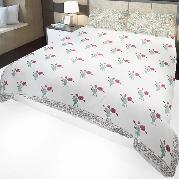 Sanganeri Hand Block Printed Bedsheet With Pillow Covers (8.8x8.8)ft