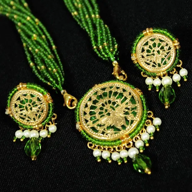 Thewa Green Peacock Round 23kt Gold Jewellery Set