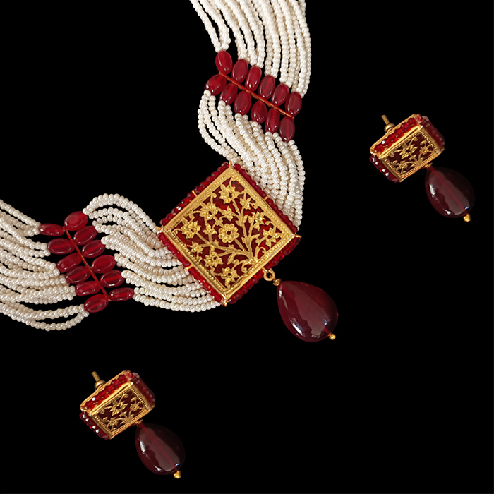 Thewa Red Flower 23kt Gold Jewellery Set