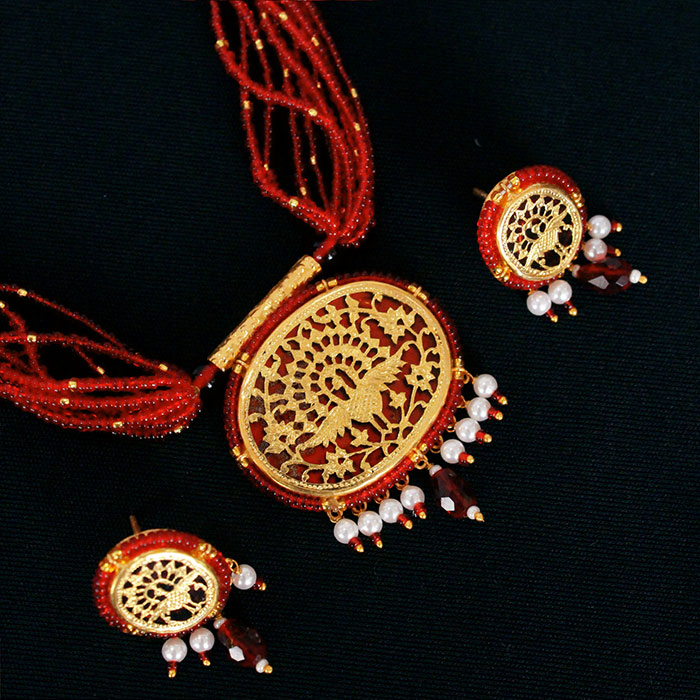 Thewa Red Peacock Round 23kt Gold Jewellery Set