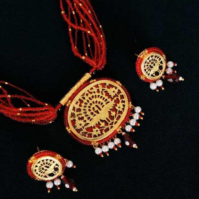 Thewa Red Peacock Round 23kt Gold Jewellery Set