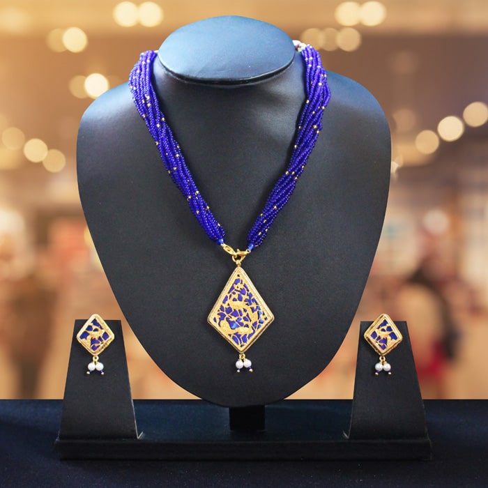 Blue Peacock-Floral Pattern 23kt Gold Jewellery Set