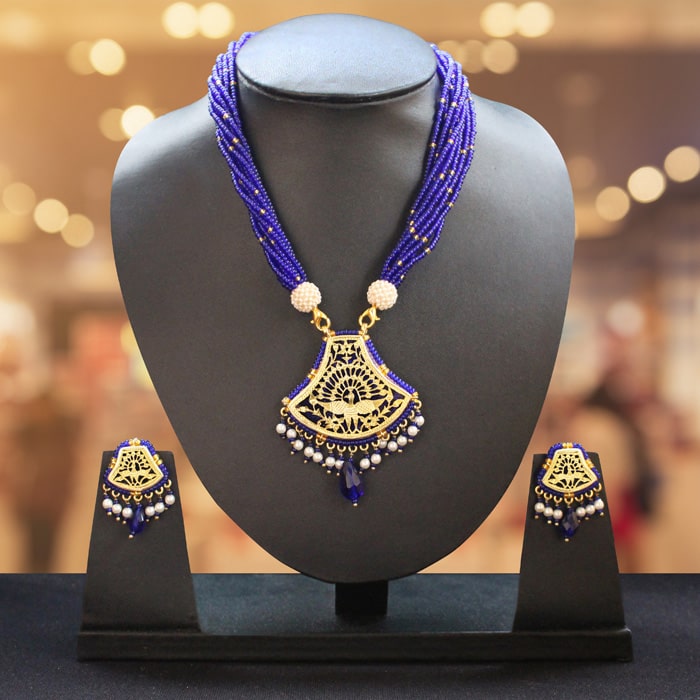 Navy Blue Peacock Motif 23kt Gold Jewellery Set