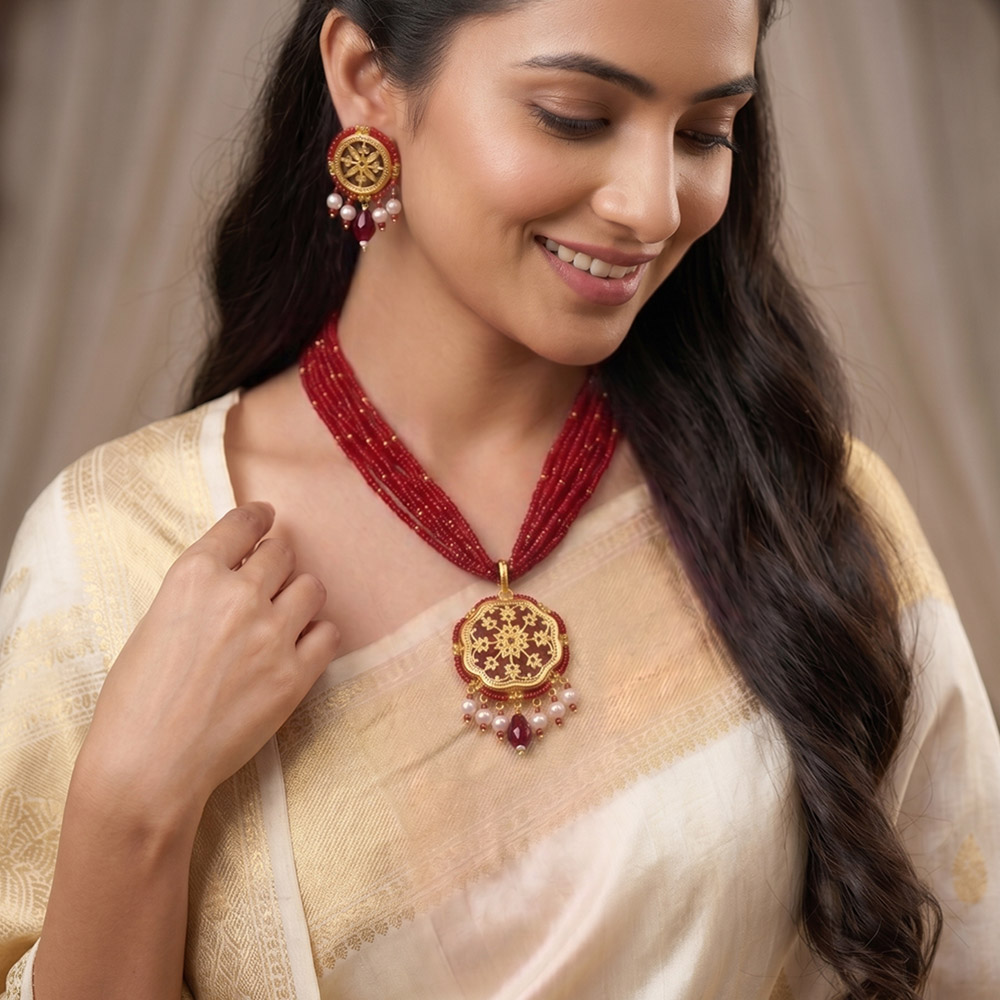 Thewa Red leaf Octogonal 23kt Gold Jewellery Set