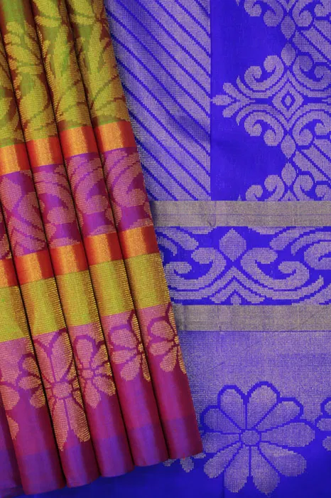 Dharmavaram Multi Color Floral Border Blue Pallu Pure Silk Saree