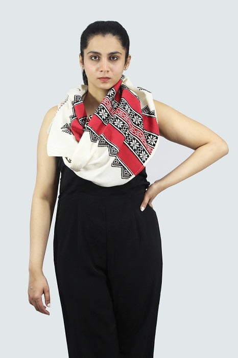 Geometric Pattern Hand Embroidered Wool-Cotton Muffler