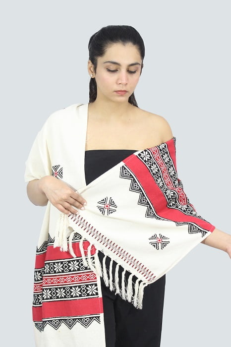 Geometric Pattern Hand Embroidered Wool-Cotton Stole