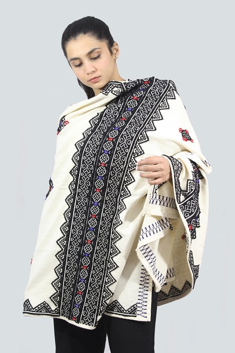 Geometric-Floral Pattern Hand Embroidered Wool-Cotton Shawl