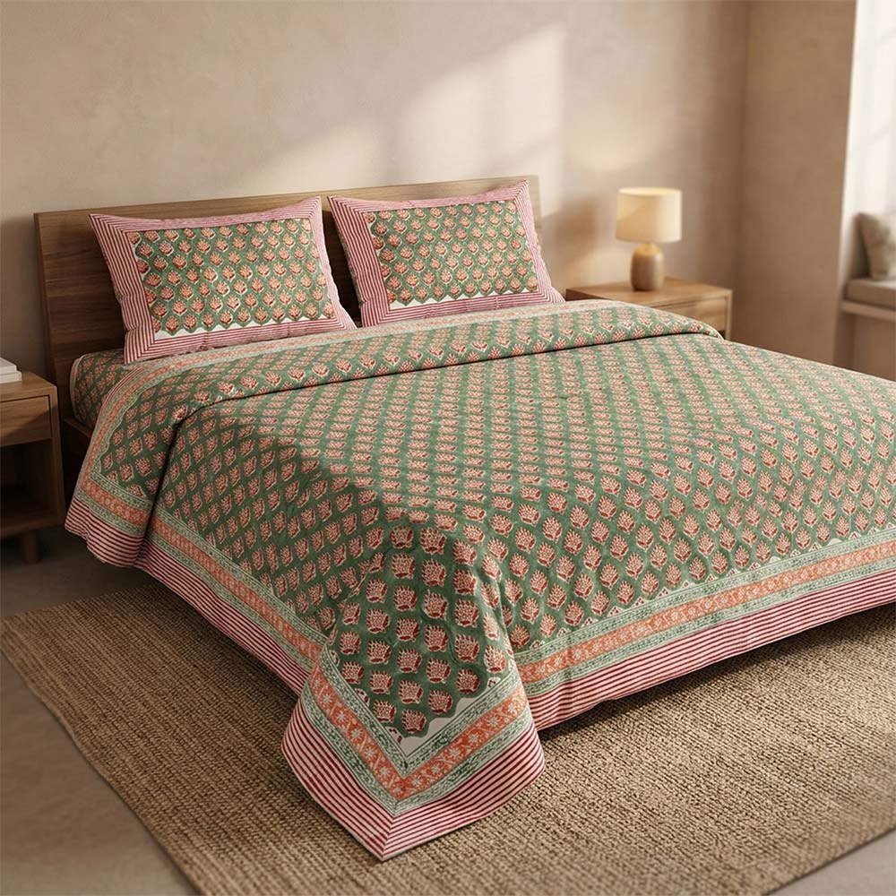 Bagru Hand Block Printed Premium Bedsheet Set (8.8x8.8)ft