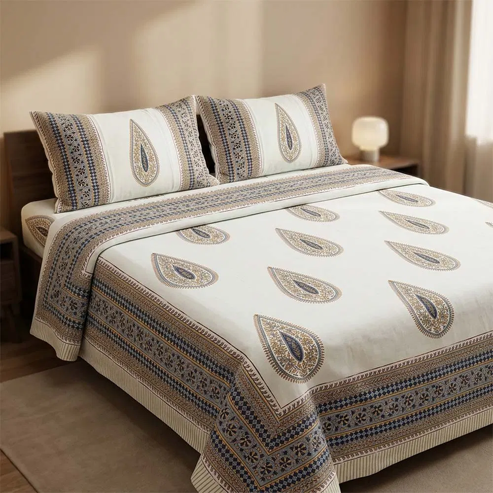 Bagru Hand Block Printed Premium Bedsheet Set (8.8x8.8)ft