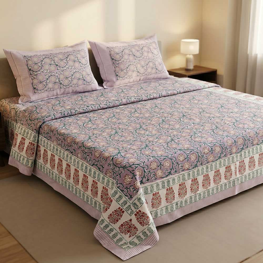 Bagru Hand Block Printed Premium Bedsheet Set (8.8×8.8)ft