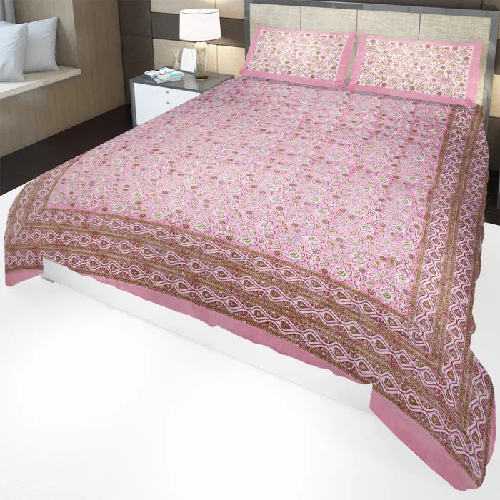 Sanganeri Hand Block Printed Bedsheet With Pillow Covers (8.9x7.6)Ft