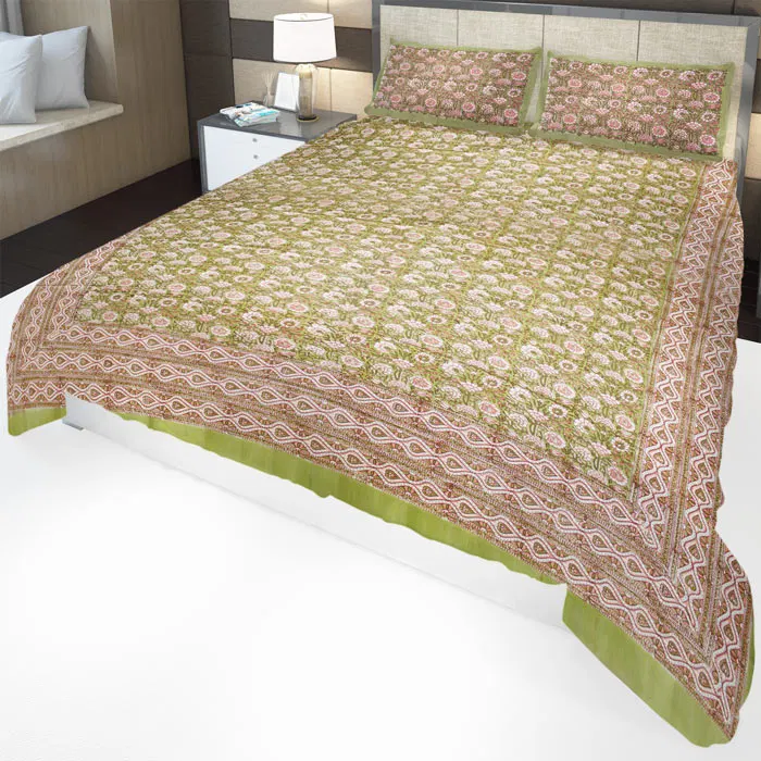 Sanganeri Hand Block Printed Bedsheet With Pillow Covers (8.8x7.5)ft