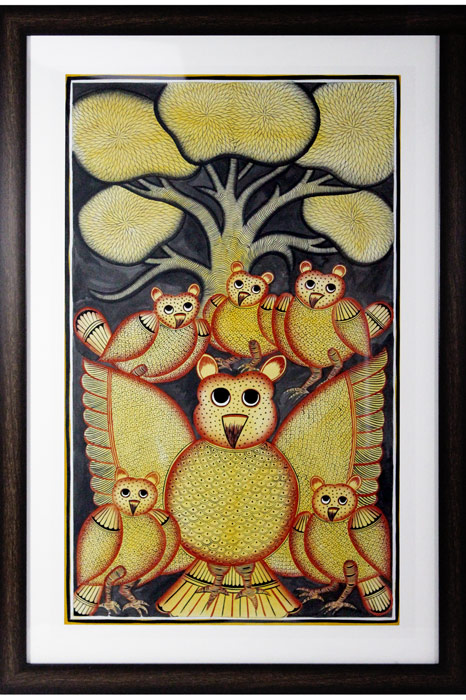 Bengal Patachitra - Owl Family (15*23 Inches)