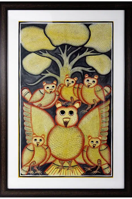 Bengal Patachitra - Owl Family (15*23 Inches)