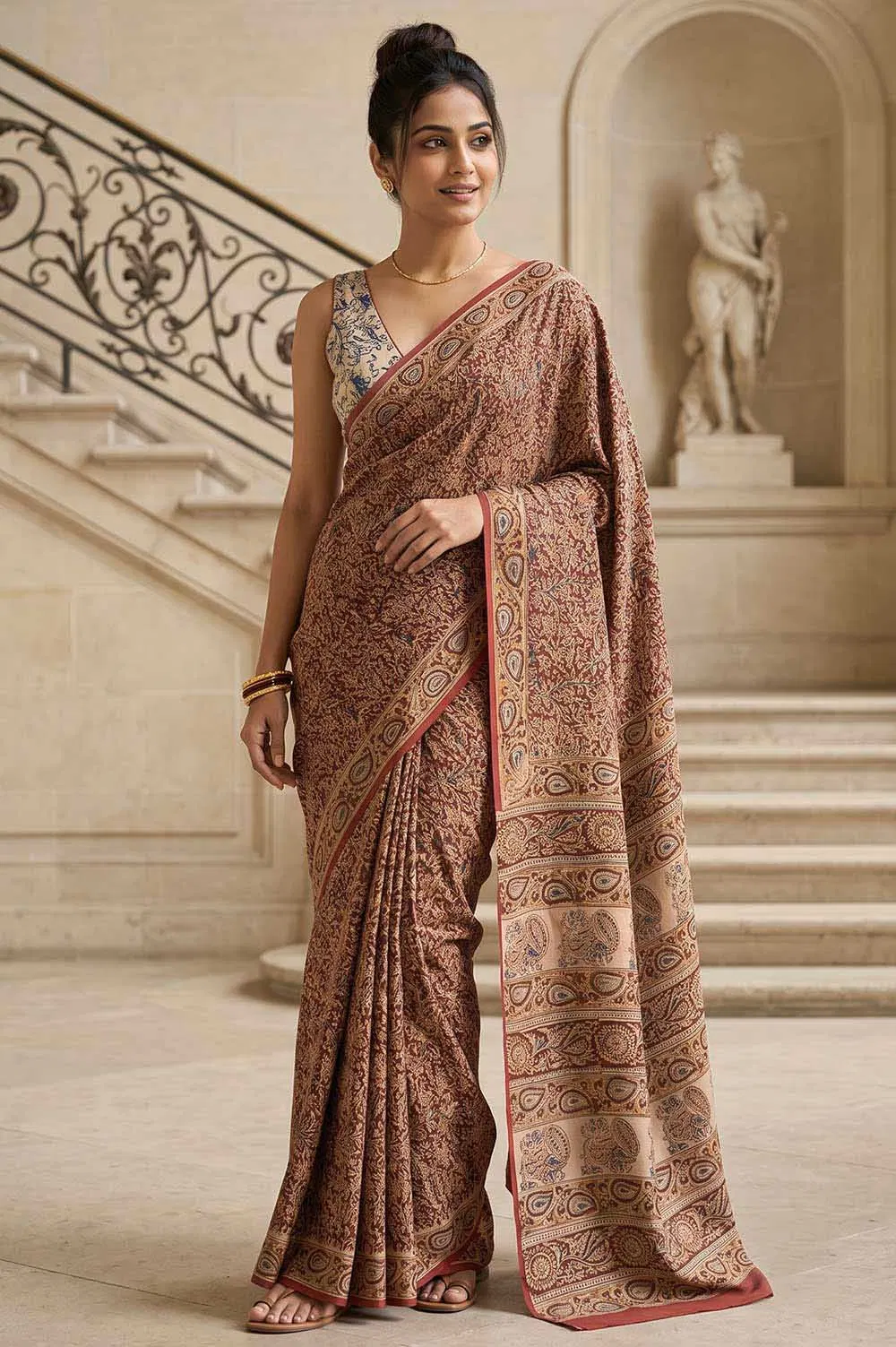 Hand Block Printed Machilipatnam Kalamkari Saree (Extremely Soft Cotton)