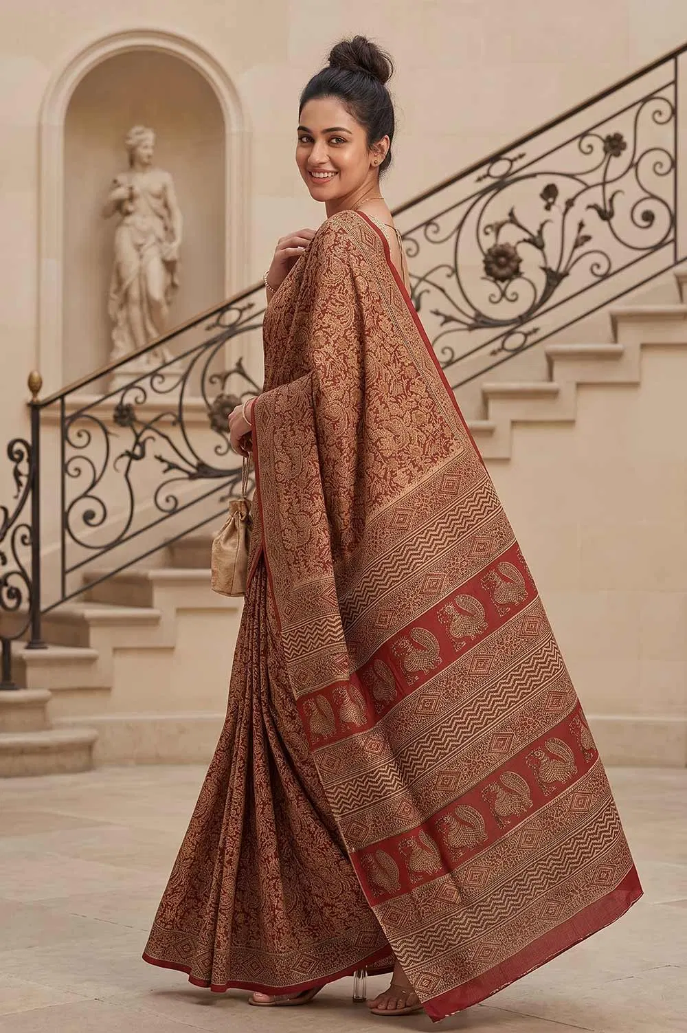 Hand Block Printed Machilipatnam Kalamkari Saree (Extremely Soft Cotton)