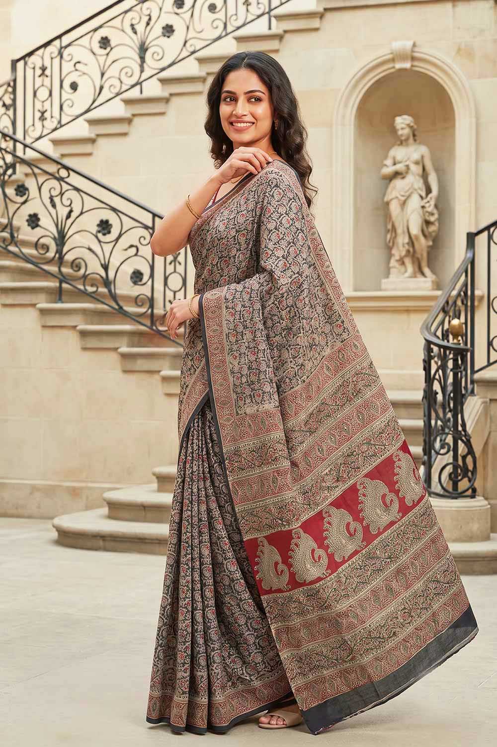 Hand Block Printed Machilipatnam Kalamkari Saree (Extremely Soft Cotton)