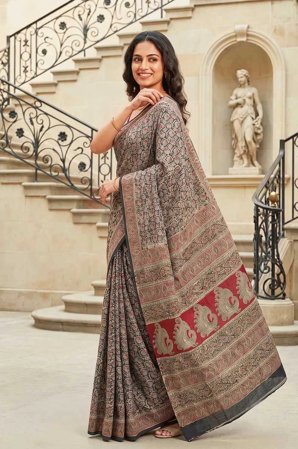 Hand Block Printed Machilipatnam Kalamkari Saree (Extremely Soft Cotton)