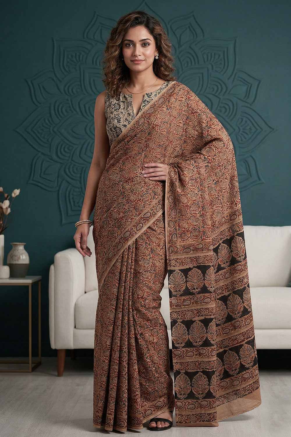 Hand Block Printed Machilipatnam Kalamkari Saree (Extremely Soft Cotton)