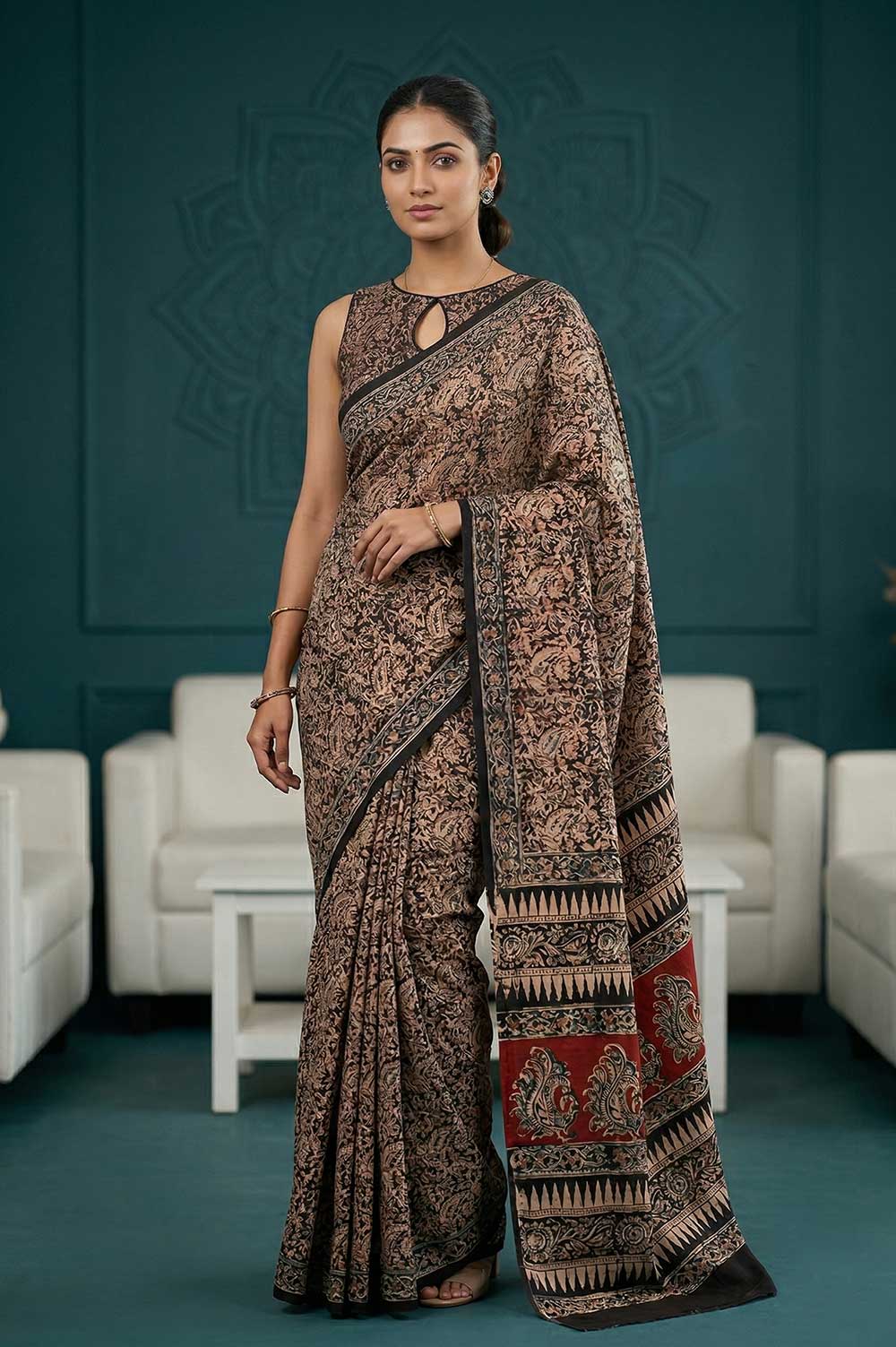 Hand Block Printed Machilipatnam Kalamkari Saree (Extremely Soft Cotton)
