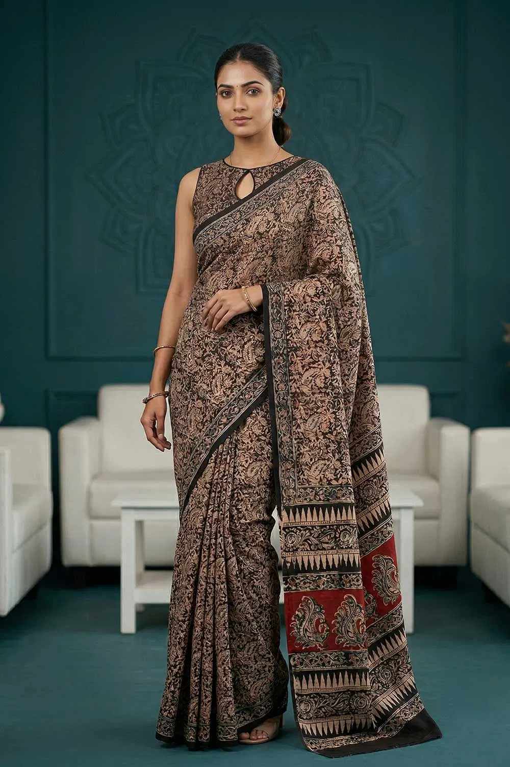Hand Block Printed Machilipatnam Kalamkari Saree (Extremely Soft Cotton)