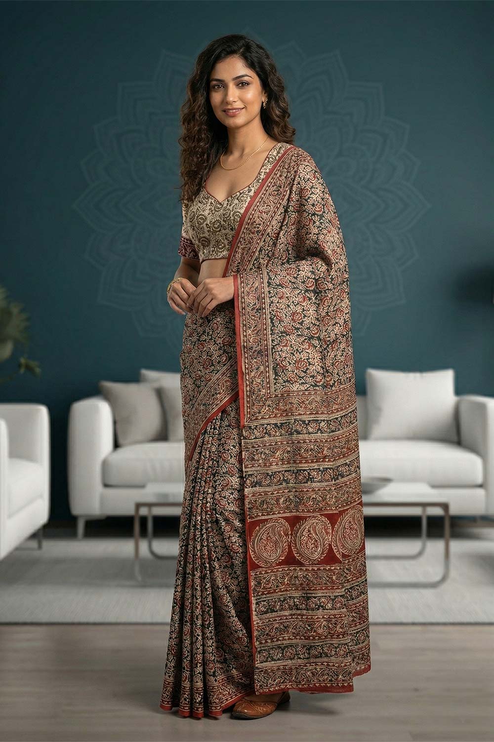 Hand Block Printed Machilipatnam Kalamkari Saree (Extremely Soft Cotton)