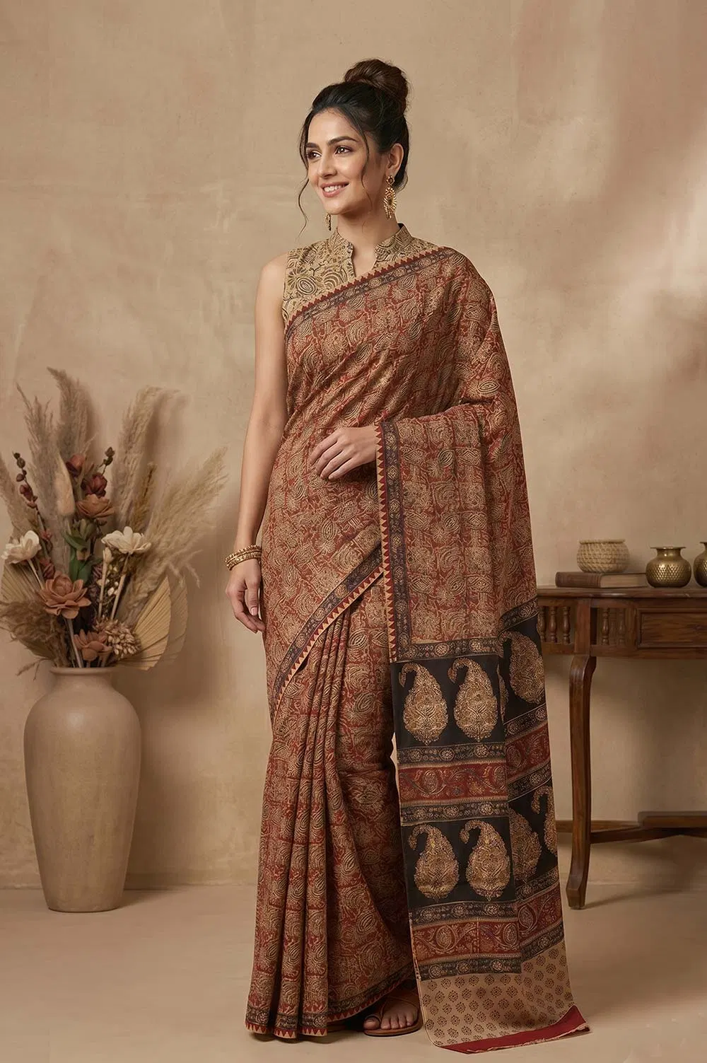Hand Block Printed Machilipatnam Kalamkari Saree (Extremely Soft Cotton)