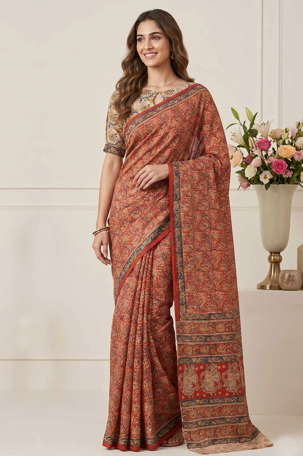 Hand Block Printed Machilipatnam Kalamkari Saree (Extremely Soft Cotton)