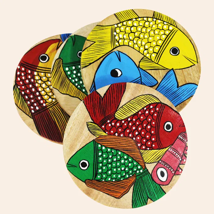 Bengal Pattachitra Wooden Coasters Fishes (4pcs)