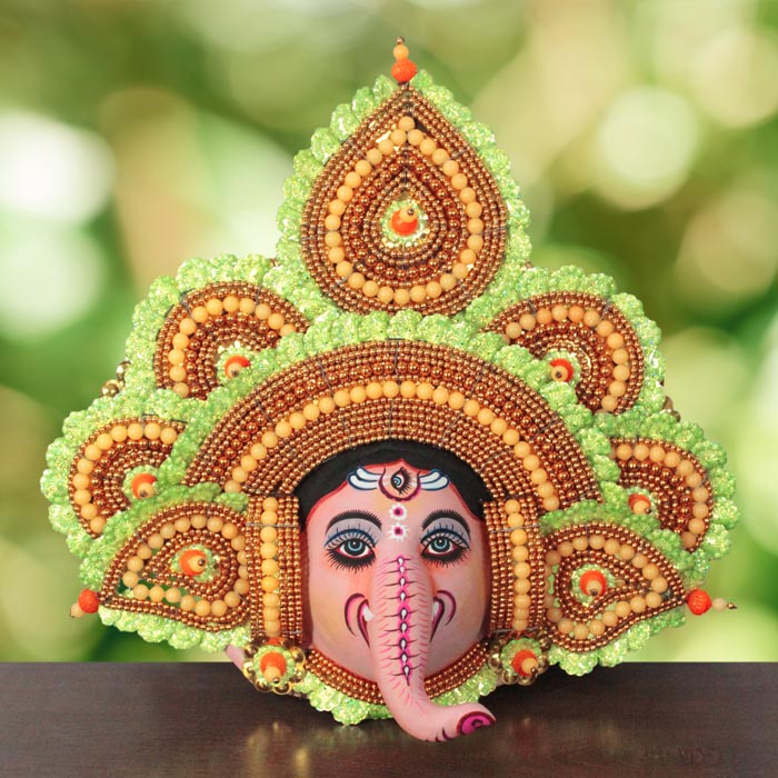 Feather Design Ganapathi Chhau Mask- Green (1.3ft)