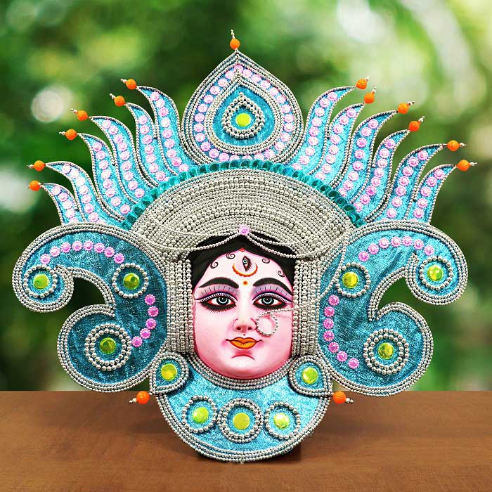 Flame Design Devi Chhau Mask - Blue with orange bead (2ft)