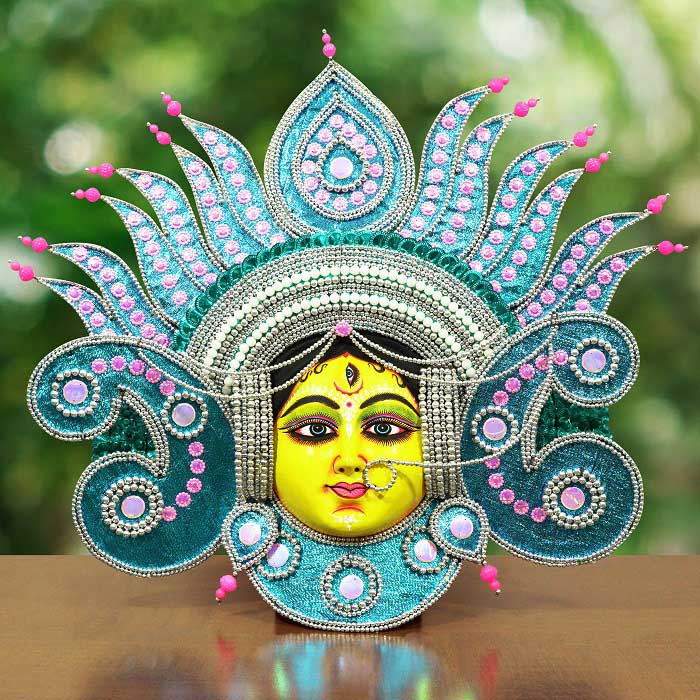 Flame Design Devi Chhau Mask - Blue with Pink bead (2ft)