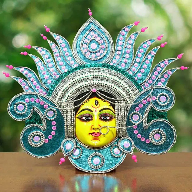 Flame Design Devi Chhau Mask - Blue with Pink bead (2ft)