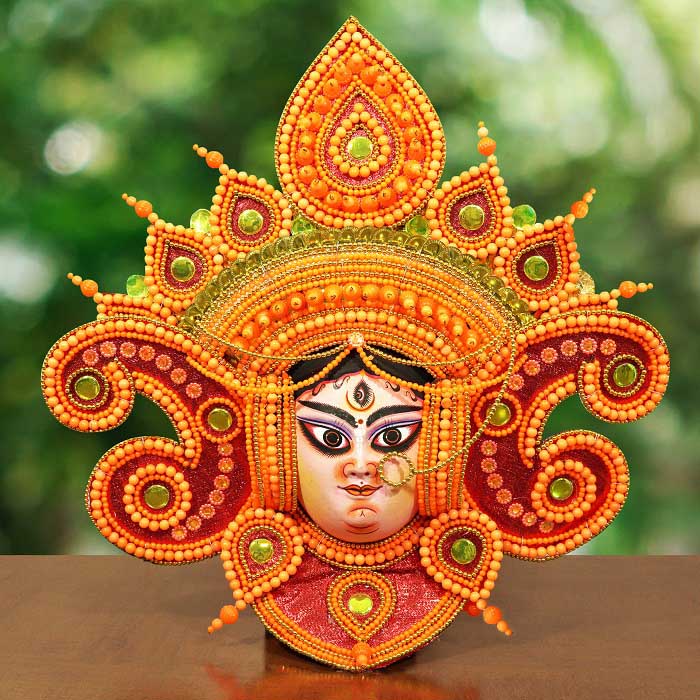 Leaf Styled Crowned Devi Chhau Mask - Orange (2ft)