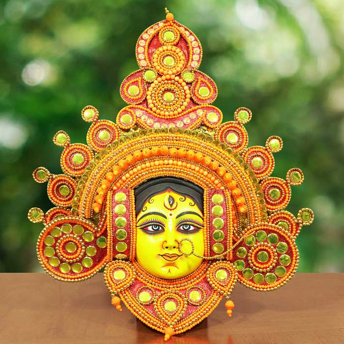 Mantap Styled Crowned Devi Chhau Mask - Orange (2ft)