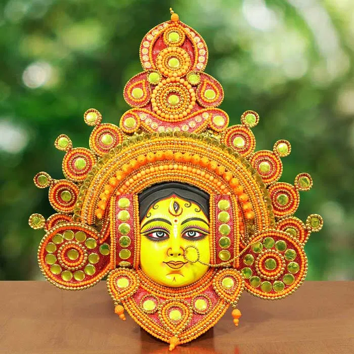 Mantap Styled Crowned Devi Chhau Mask - Orange (2ft)
