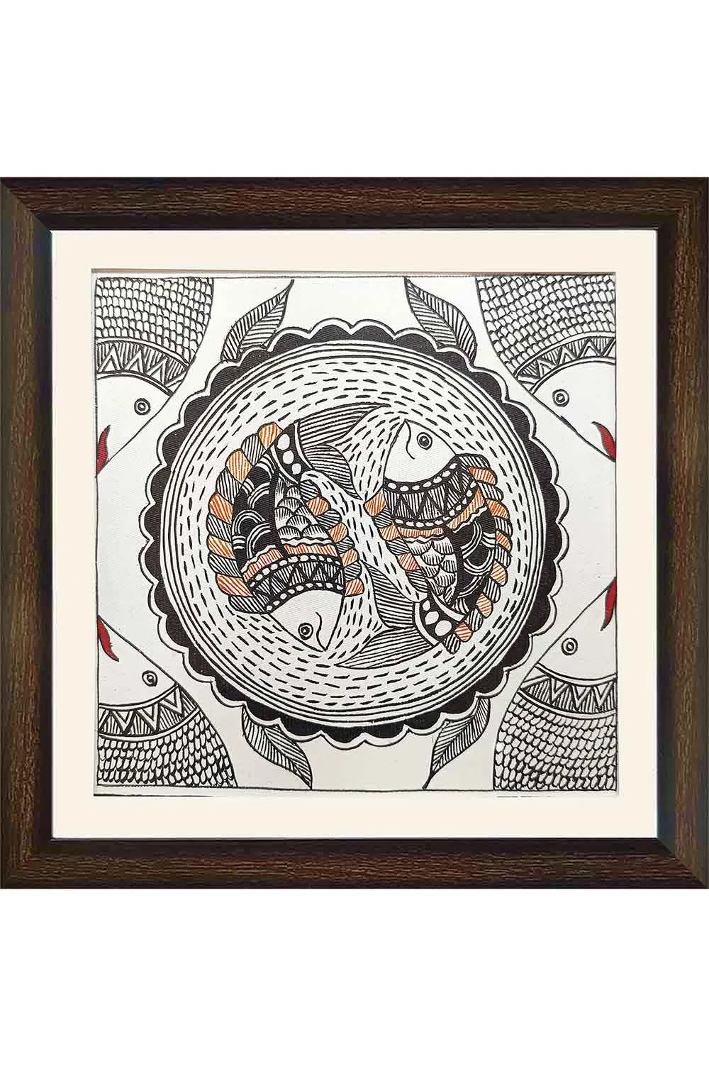 Madhubani Painting Peacock Fish (7x7) Inches