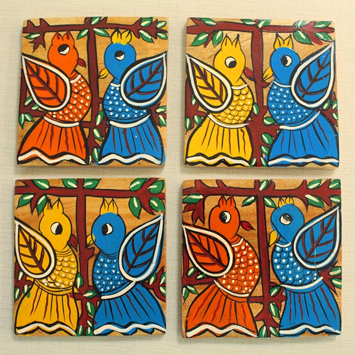 Bengal Pattachitra Wooden Coasters Birds Square (4pcs)