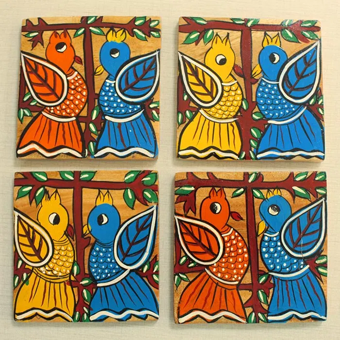 Bengal Pattachitra Wooden Coasters Birds Square (4pcs)