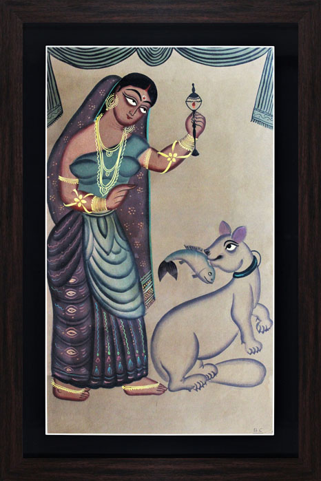 Bengal Patachitra - Kalighat Paintings Cat Eating Fish (17*25 Inches)