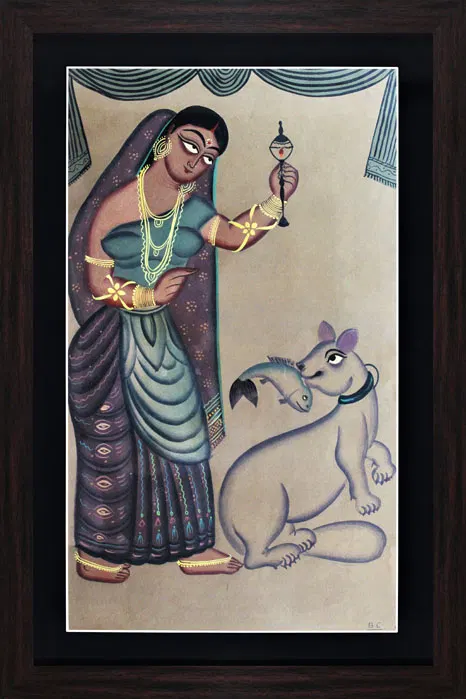 Bengal Patachitra - Kalighat Paintings Cat Eating Fish (17*25 Inches)